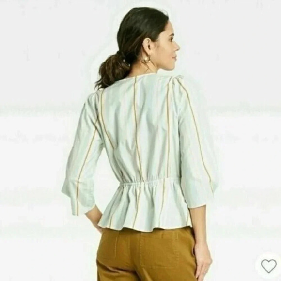 A New Day Blouse Green Striped Medium 3/4 Sleeve Wrap V Neck Peasant Boho - Picture 2 of 3